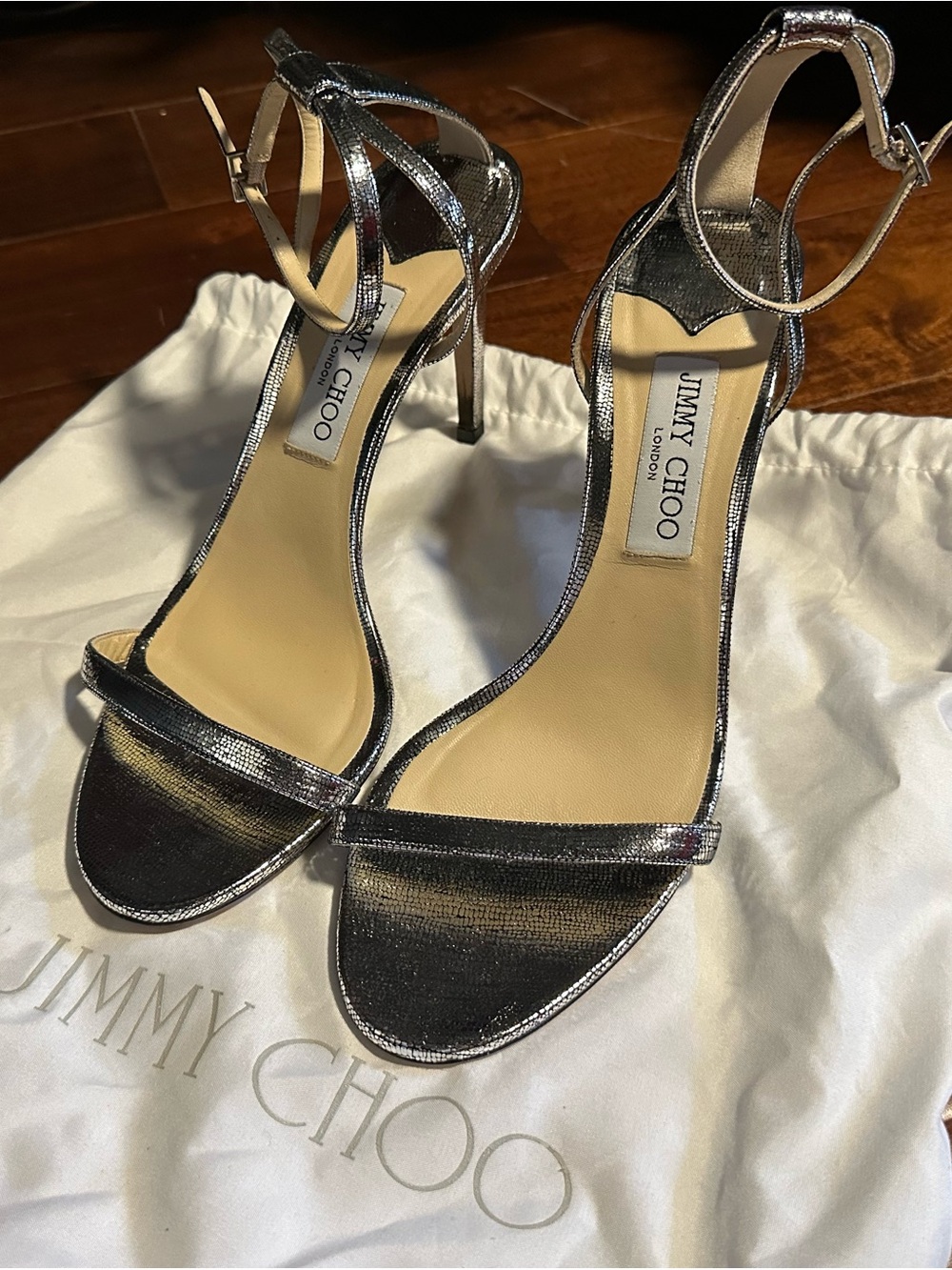 Jimmy Choo Silver Metallic Strappy Stiletto Sandals